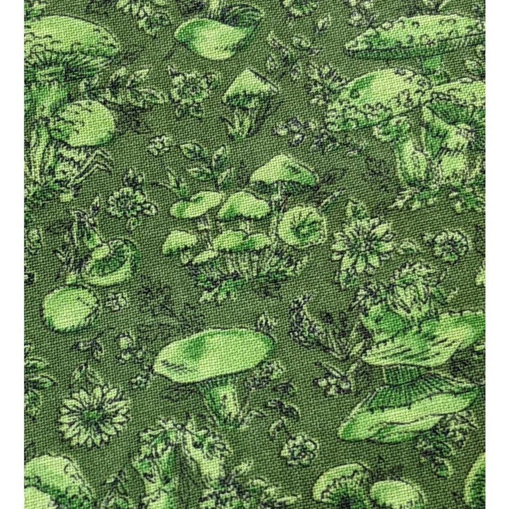 Vintage 1970's Mushroom Fabric Avocado Green Cottagecore Funky Calico Print‎ 3yd